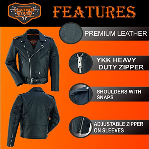 Men's Classic Plain Sided Motorcycle Leather Jacket (M) #TOP3