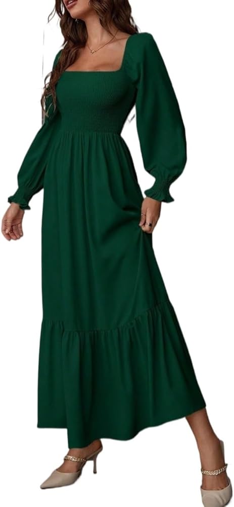 Casual Women's Beach Sun Dress Square Neck Shirred Ruffle Hem Dress Maxi  Beach Outfits Women Green at Amazon Women's Clothing store
