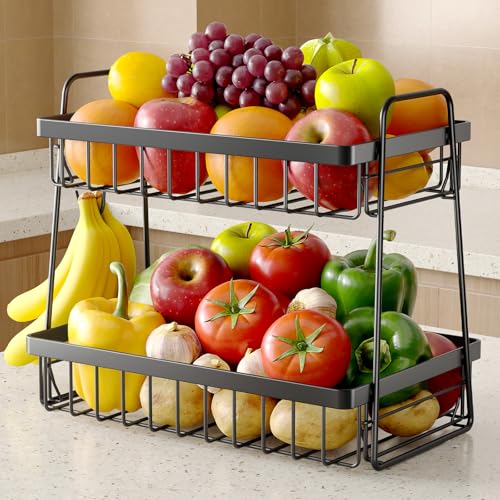 Sakugi Fruit Basket for Kitchen Counter - 2-Tier Fruit Bowl with Removable Banana Hanger & Handles, Rustproof Fruit Holder for Kitchen, Living Room, Bathroom, 13.4 Sakugi Fruit Basket for Kitchen Counter - 2-Tier Fruit Bowl with Removable Banana Hanger & Handles, Rustproof Fruit Holder for Kitchen, Living Room, Bathroom, 13.4
