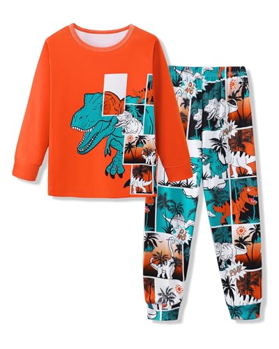 Mikrdoo Boys Pajamas Kids Pjs 2 Piece Long Sleeve Top & Pants Sleepwear Cozy Pj Set for Teen Boys Orange Dinosaur Size 14 Years