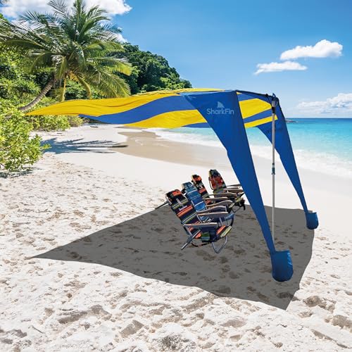 Shark FIN Shade Beach Tent Wind Sun Canopy Portable Easy Set Up UPF 50+ No Assembly Required 3-30 MPH - 1 to 8 People - Tie Downs Included - 2 Sizes Large 9' X 10' & Giant 13.5' X 10' PATENTS Pending