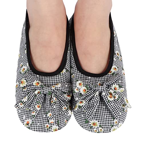 Snoozies Womens Slipper Socks – Seersucker Floral Ballerina- Slippers For Women - Fuzzy Slipper Socks In Bright Plaids, Non Slip Soles-Black, Medium #TOP1