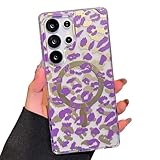 CrazyLemon Samsung Galaxy S25 Ultra 用 ケース クリア 可愛い お洒落 ヒョウ柄 [MagSafe対応] マグネット搭載 ワイヤレス充電対応 Samsung S25 Ultra 用 スマホケース 薄型 軽量 透明 ハード PC + ソフト TPU 保護カバー 耐衝撃 傷防止 レディーズ 女性用 人気 (パープル)