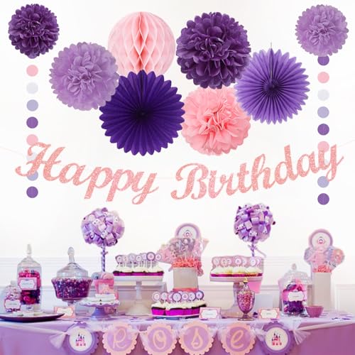 Image of Purple Pink Birthday Party-Decorations Paper-Flowers - 14pcs Happy Banner Lavender Lanterns Tissue Pom Poms,Lilac Streamers Garland Fans Honeycomb,Women Girls Adult Kids Hanging Supplies Decor Hugfond