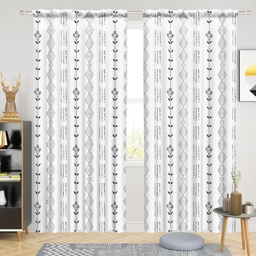 Renaiss 42 x 108 Inch White Boho Kitchen Curtains Tier Linen Striped Geometric Cafe Short Curtains Bohemian Light Filtering Curtain Rod Pocket Farmhouse Retro Small Drapes for Bathroom RV 2 Panels