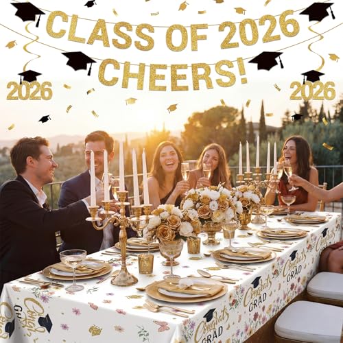 Image of Ganeen 3 Pcs Graduation Tablecloth Floral Class of 2026 Congrats Grad Table Cloths Gold Disposable Plastic Rectangle Table Cover for 2026 Graduation Decorations Grad Party Supplies, 54 x 108 Inch