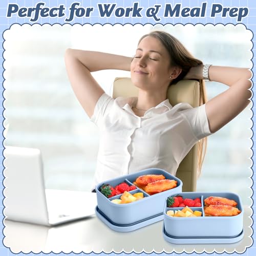 Image of Honeydak 4 Pcs Silicone Bento Box, 3 Compartment Lunch Food Container for Women Men, Leak Proof Microwave Easy to Clean Dishwasher Freezer Safe (Grey,Blue,Khaki,Orange)