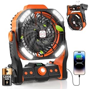 DOWILLDO Portable Camping Fan for Tents – 12000mah Rechargeable Battery Operated Fan With LED Light, Portable Travel Fans for Home, Desk, Outdoor, Sleeping(Orange)