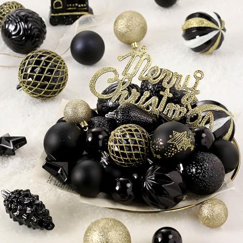 65ct Christmas Balls Ornaments, Shatterproof Plastic Decorative Baubles for Xmas Tree Decor, Multi-Size Christmas Ornaments Set for Tree, Home Indoor Party Decor, Black Gold