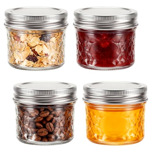 Hejo 4 Piezas Mini Tarros de Cristal con Tapa, 100 ml/3,4 oz Tarros Mason con Textura de Rejilla y Tapa, Tarros Herméticos para Mermelada Miel Especias Avena Nocturna