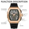 Mens Watches Retro Punk Skull Tonneau Design Analog Unique Skeleton Sports Quartz Wrist Watch for Men with Luminous Rubber Strap Silicone Band