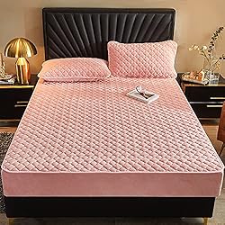 Colchón Rosen King Size HAIBA Invierno cálido franela elástica banda ajustable colchón cubierta impresión floral felpa super suave acogedor king size sábana, rosa, 90x200cm+28cm