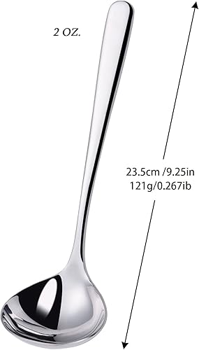 Miniatura 3 de Cucharón de sopa de acero inoxidable SUS304 de 2 onzas para servir, cucharón de salsa de 9.5 pulgadas (plateado) (juego de 2)