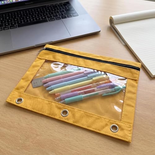 Estojo para fichário com 3 anéis, bolsa de grande capacidade com ilhós reforçados, estojo transparente com zíper - amarelo brilhante