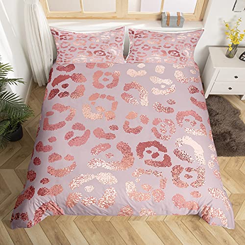 Pink Leopard Duvet Cover Queen For Boys Girls Kids Pink Glitter Bedding Set Marble Abstract Art Comforter Cover Child Cheetah Skin Pattern Decor Bedspread Quilt Cover For Kids Dorm Room,Soft,Zipper #TOP18