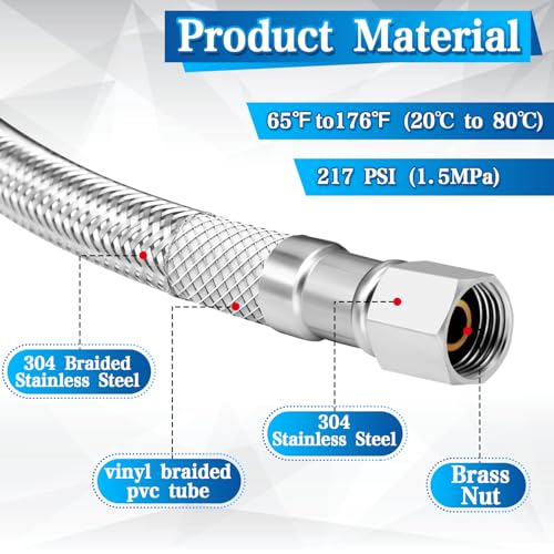 Refrigerator Water Line Kit, 10ft Stainless Steel Braided 1/4\" Fridge Water Line with No Lead Brass Tee Stop Valve、Wrench、Sealing Tape, Ice Maker Water Line Kit for Potable Water System