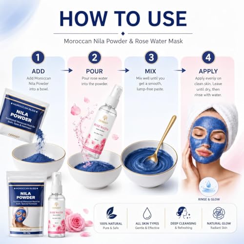 Image of Moroccan Nila Powder Blue Face Mask with Rose Water - Traditional Moroccan Hammam Spa Treatment for Face & Body - Brightening & Soothing Skin Care Set - 50g + 100ml