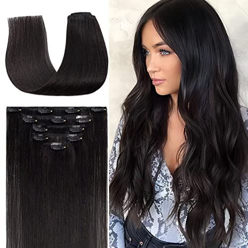 TESS Human Hair Extensions Clip in Real Hair Black Remy 5 Pieces Straight Natural Hairpieces for Women/Girls (#1B Natural Black