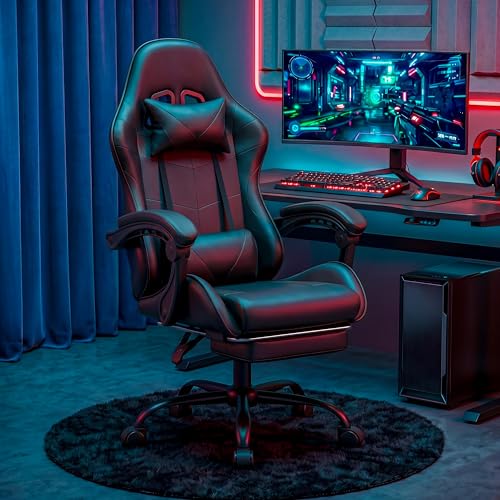 Image of Gaming Chair, Ergonomic Computer Chair with Footrest and Lumbar Support, Height Adjustable Office Chair with 360 Swivel Seat and Headrest (Black)