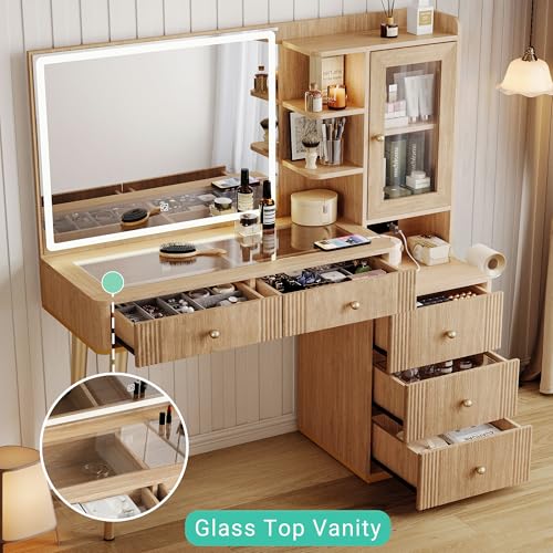 LINSY Wood Vanity with Glass Top, Makeup Vanity with Storage Drawers, Boho Fluted Vanity Desk with Mirror and Lights, Large Dressing Table with Cabinet and Outlet for Bedroom, Women, Girls - Image 5