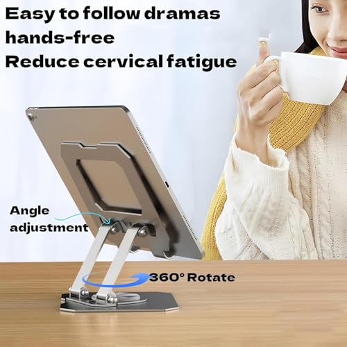 Image of SOOPII Heavy-Duty Metal Tablet Stand Holder with 360 Rotating Base | Multi-Angle Adjustable | Sturdy & Universal Compatibility for All Tablets, iPad Pro 12.9 /11 /10.9 /10.2, iPad Air & More (Silver)