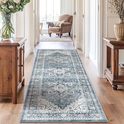 AMADA HOMEFURNISHING 2.7x8 Washable Runner Rug, Low-Profile Kitchen Runner Rugs with Non-Slip Backing & Durable Edge Binding, Vintage Entryway Rug for Bedroom & Hallway
