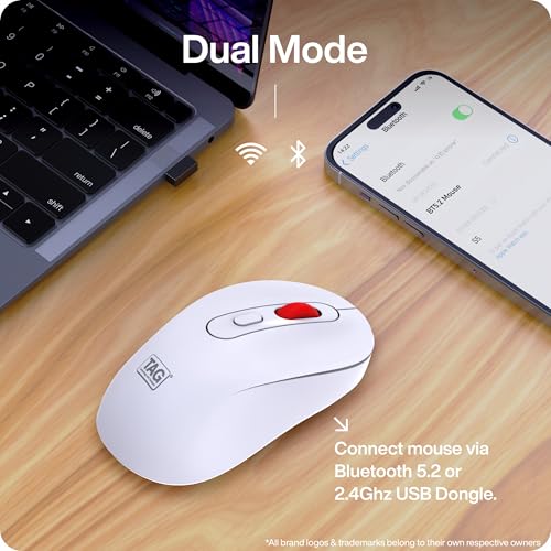 Image of TAG WM900 White /Red Wireless Mouse, 2.4GHz + Bluetooth, Silent Clicks, 10m Range, Type-C Charging, Adjustable DPI (800 /1200 /1600), 72 Hours Usage, for PC /Mobile /Tablet, Supports Windows /Mac /Linux /iOS
