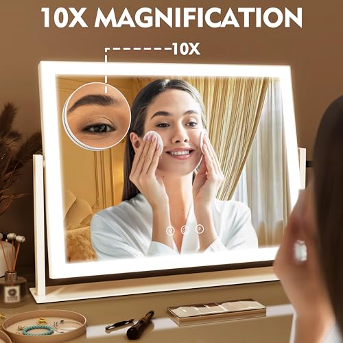 Image of ROLOVE Lighted Makeup Mirror 16.3 inchx12.6 inch, Hollywood Vanity Mirror with 10X Magnifier, 3 Color LED Lighting Modes, Smart Touch Control & 360 Rotation, Tabletop Makeup Mirror (White, Gift Ready)