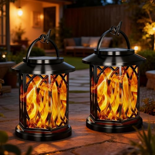 2 Piezas Farolillos Solares Exterior Jardin, IP65 Impermeable, Luz Solar Exterior Jardin Colgantes, Luces de llamas Solar Exterior, Farolas Solares Exterio para Patio/Césped/Pasillo/Jardín