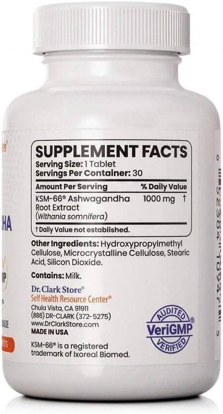 Dr Clark Store Ashwagandha, 1000mg Per Serving, 30 Tablets, Easy to Digest