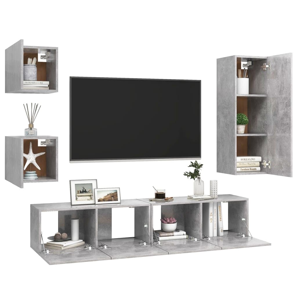 5-TLG. TV-Schrank-Set, Betongrau Holzwerkstoff, Wandmontage, Modernes Media-Center für Wohnzimmer, Schlafzimmer, Stauraum, 30-90 cm Breite