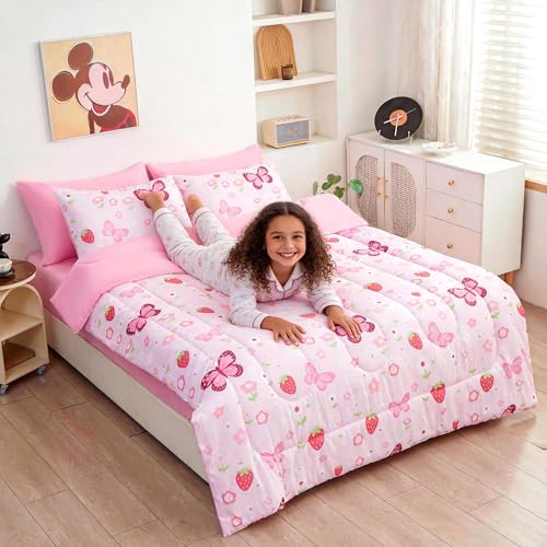 Image of Bedding Set - Pink Butterfly 5pcs Bed in A Bag, Dreamy Butterfly Printed, Soft Microfiber Twin Comforter Set with Sheets, Pillowcase & Sham for Girls Kids Teens (5 Piece Twin Size)