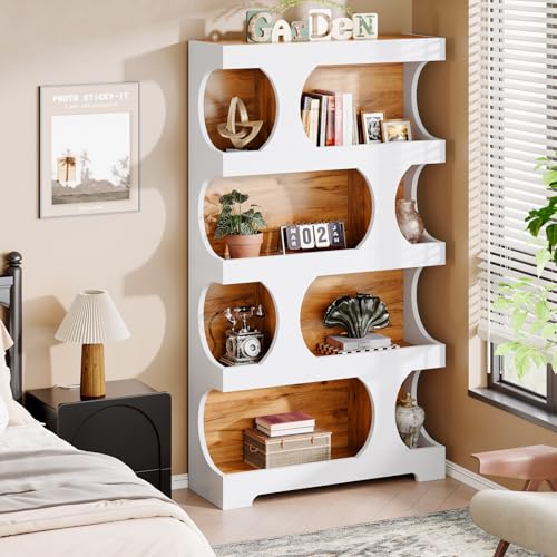 Image of Tribesigns 71 inch Tall Bookcase, 4-Tier S-Shaped Bookshelf, Wood Decorative Storage Shelving, Modern Freestanding Display Shelves, Large Library Book Shelf Unit for Home Office Living Room, White & Brown