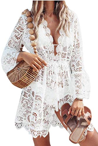 Jotebriyo Saída de praia feminina sexy de renda, de manga comprida com gola V, Branco, XS