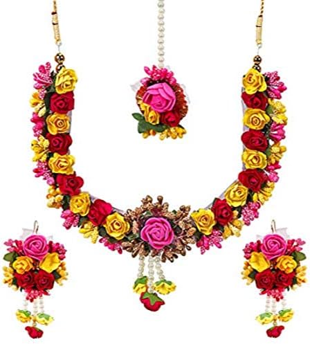 YouBella Jewellery Set for Women Floret Gota Patti Necklace, Earrings & Maang Tika for Women & Girls (Mehandi/Haldi)