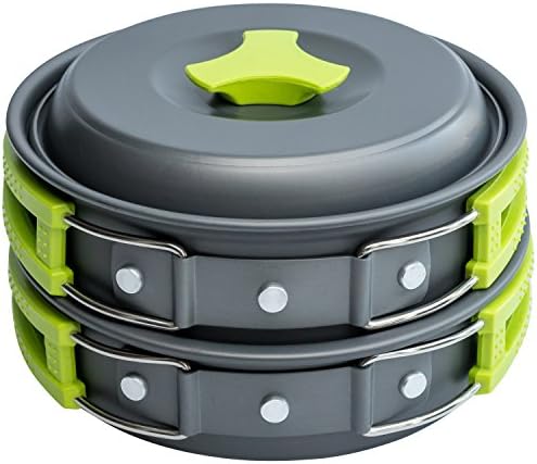 Camping Cookware Mess Kit Backpacking Gear & Hiking Outdoors Bug Out Bag Cooking Equipment 10 Piece Cookset | Lightweight, Compact, & Durable Pot Pan 
