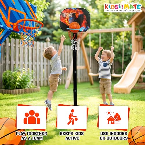 Image of Kidsmate 3-in-1 Basketball Play Set for Kids with Adjustable Basketball Hoop, Tic Tac Toe & Dot Game Board, Basketball Net Stand Indoor Outdoor Toy, Best Gift for Boys & Girls - Multicolor