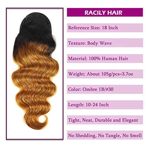 Ombre 1B/30 Body Wave Ponytail Wrap Drawstring, Dark Brown Brazilian Human Hair Bodywave, 1B 30 Clip In Hair Pieces For Women 105G/Set (20") #TOP2