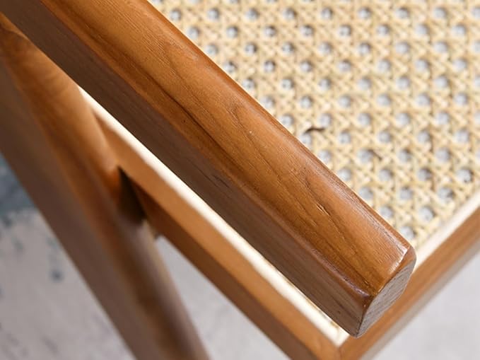 Image of Solid Wooden Brown Finish Rattan Arm Bench with Back Support Three Seater Bench for Living Room & Hall | D60 x W155 x H78 CM