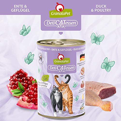 GranataPet DeliCatessen Ente & Geflügel, Nassfutter für Katzen, Katzenfutter für Feinschmecker, Futter ohne Getreide & ohne Zuckerzusätze, 6 x 400 g