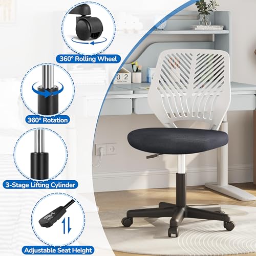 Image of Yaheetech Small Desk Chair, Armless Adjustable Swivel Seat, Dark Grey | Padded mesh seat and ventilated resin back, compact armless frame rolls and adjusts for study and small desks, holds 300 lb.
