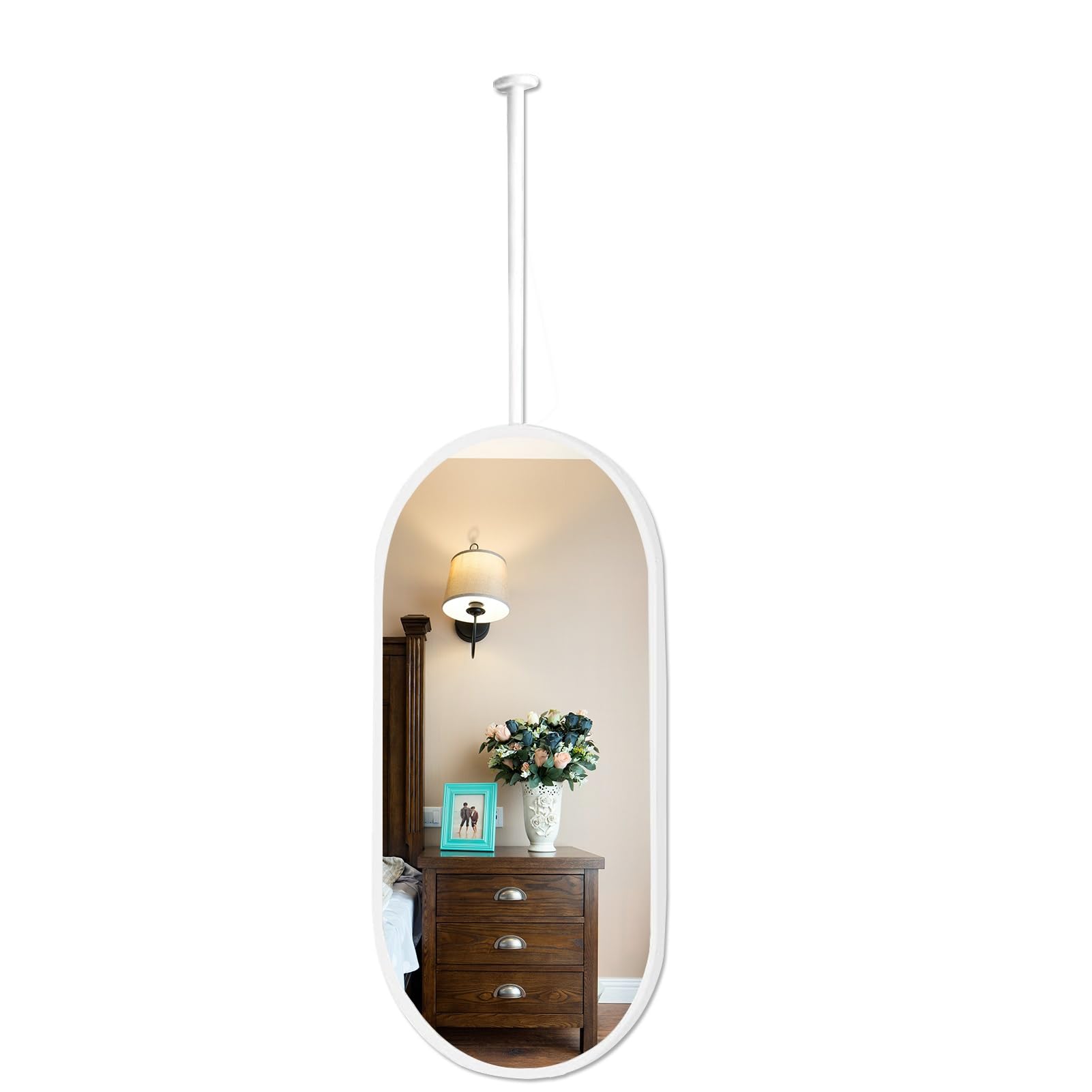 BKSXSOP Mirrors for Bathroom, Oval Bathroom Mirror, Suspended Mirror with White Metal Frame Modern Nordic Vertical Hanging - Customizable Boom (Size : 40cmx70cm)