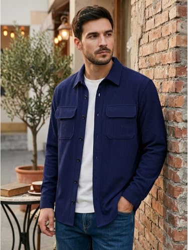 Image of DEELMO Men's Full Sleeve Corduroy Shirt | Stylish Textured Casual Button-Down Shacket for Autumn Winter | Dual Pocket Front Design | Ideal for Layering and Daily Outfits