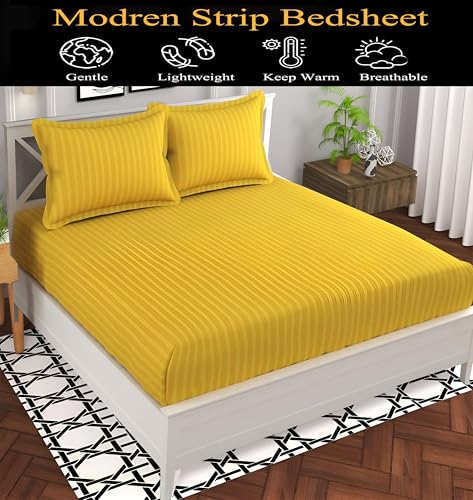 Image of 220 Cotton Feel Glace Cotton Double Bedsheet with 2 Pillow Cover (90x90 inch) Yellow