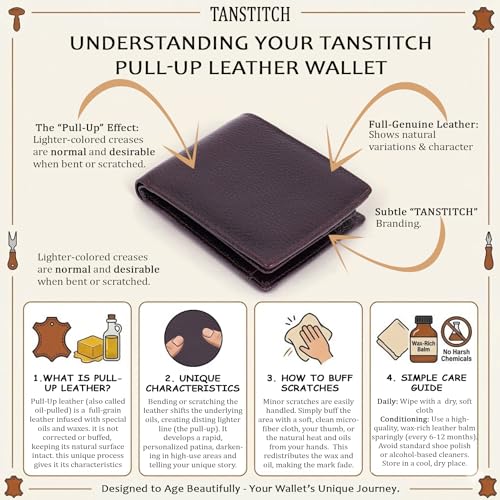 Image of 100% Full Grain Nautral Genuine Pure Original Buff Leather Purse Wallet for Man Mens with Coin Pockets Bifold. 6 Card Slots, 2 Currency Slots, 1 ID Window & 2 Hidden Pockets (Brown)