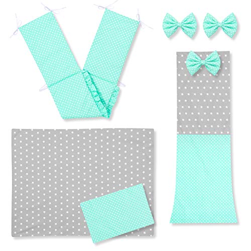 Amilian® Baby Bettwäsche 5tlg Bettset mit Nestchen Kinderbettwäsche Himmel 100x135cm NEU Sternchen grau/Pünktchen Türkis Vollstoffhimmel
