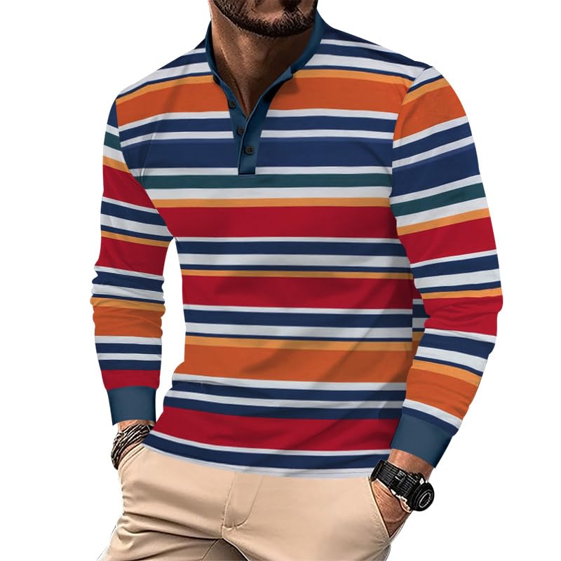Long Sleeve Shirts for Men 2025 Fall Trendy Color Block Striped T-Shirt Lightweight Button V-Neck Henley Shirts Polo