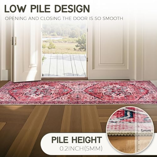 Image of AMERLIFE 8'x10' Area Rug, Machine Washable Vintage Area Rug- Soft Carpet with Non-Slip Backing for Living Room, Bedroom, Hallway- Red