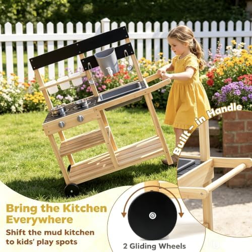 GLACER Mud Kitchen for Kids Outdoor, Fir Wood Mud Table with Wheels - 5