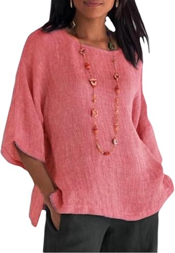 Zaswen Womens 2026 Summer Shirts Casual Plus Size Crewneck Solid Color 3/4 Sleeve Tunic Tops Loose Fashion Vacation Blouses